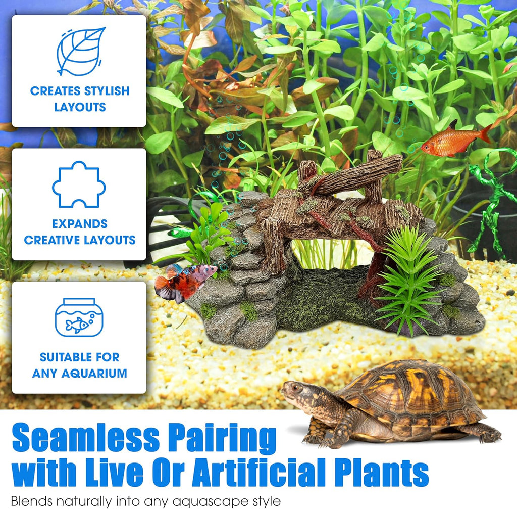 Aquarium Decor, Betta Fish Tank Accessories with Plants, Turtle Tank Decorations, Large Aquarium Ornaments, Fish Hideout, Decorative Accessories for Freshwater & Saltwater Tanks (Grass Bridge)