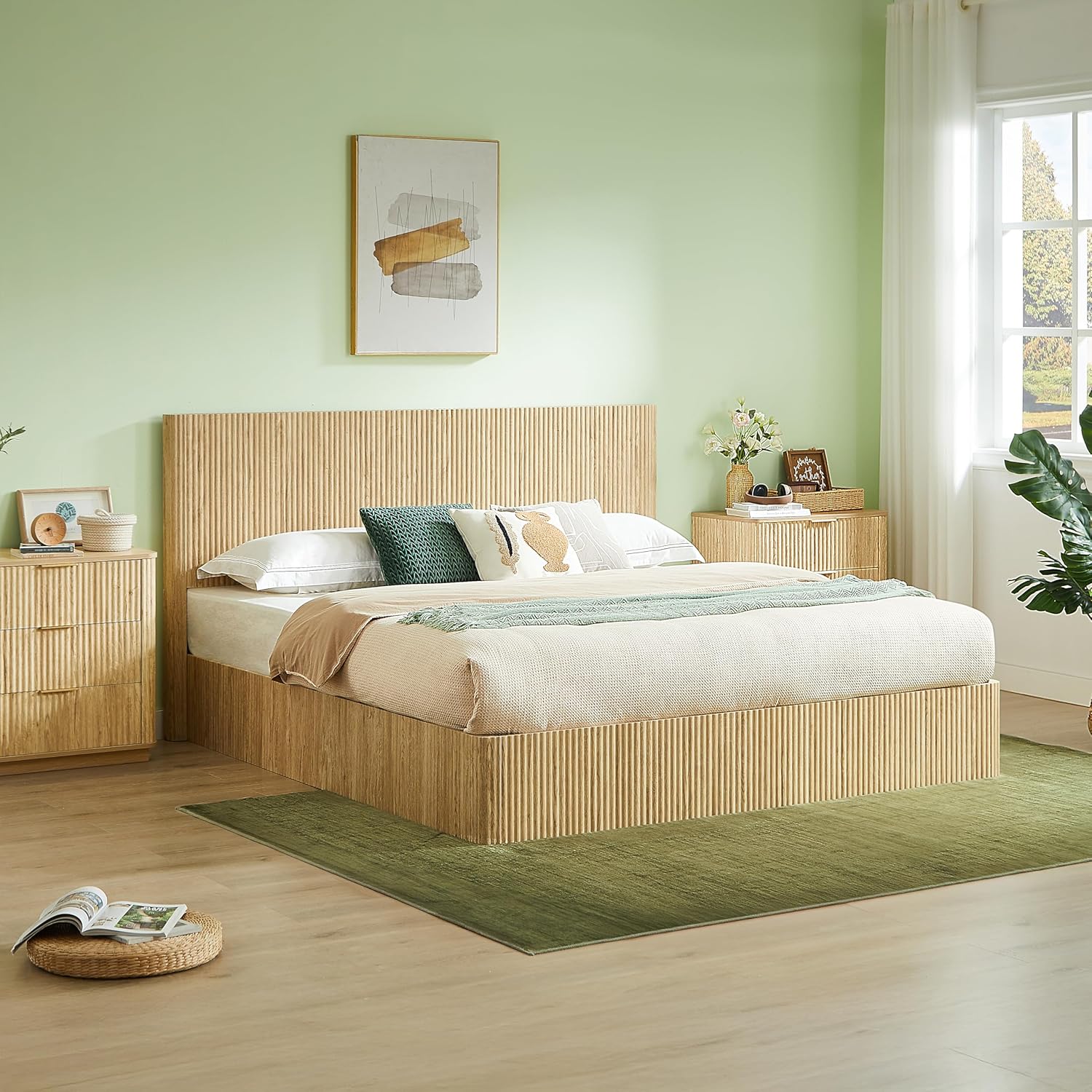 KEIKI King Size Wood Platform Bed Bedframe with Lift Up Hydraulic Storage,Corrugated Curved Lines Design for Bedroom