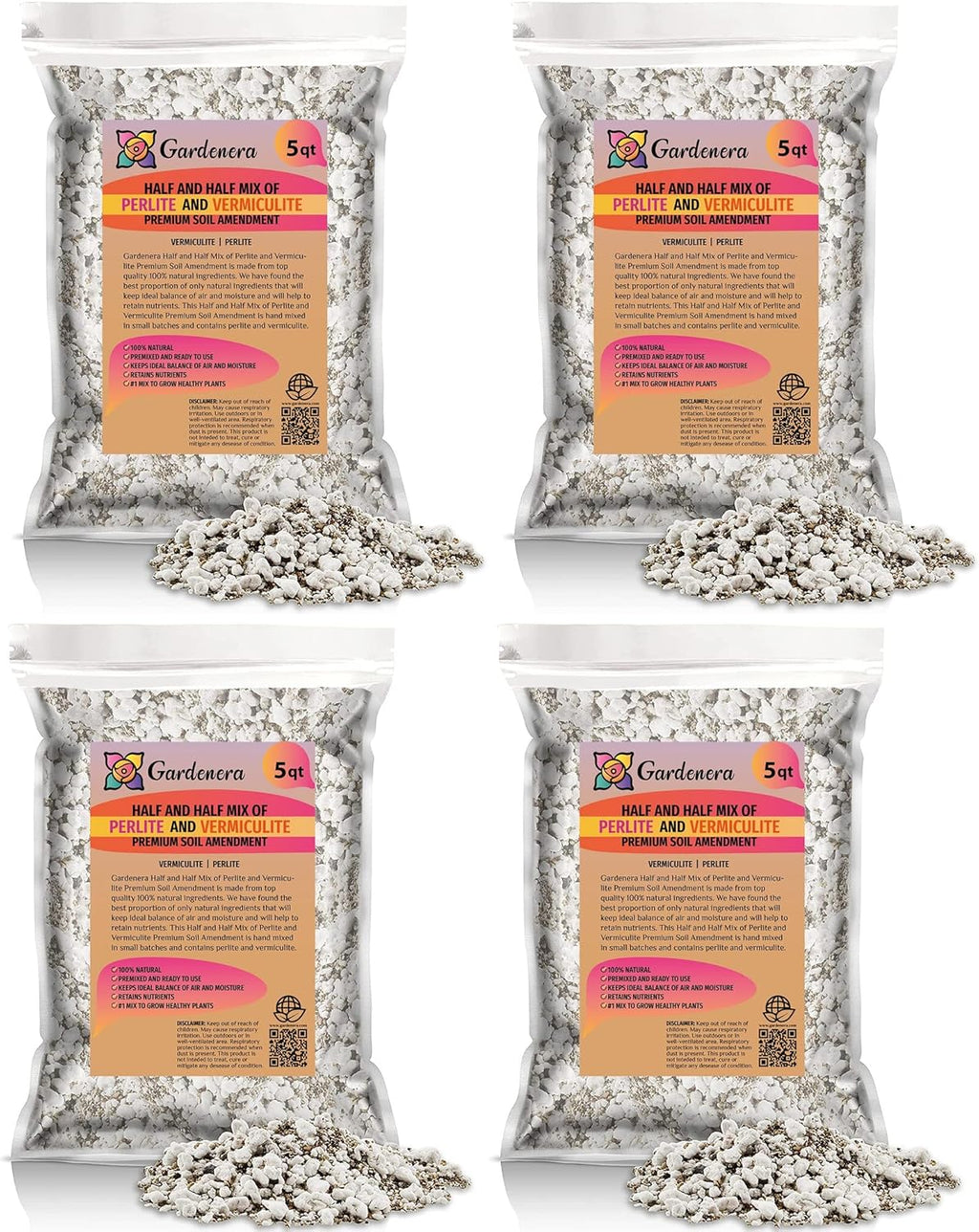 Gardenera Half and Half Mix of Perlite and Vermiculite - 20 Quart - Unlock The Secret to Thriving Plants with a Natural Soil Amendment (4 Bags of 5 Quart)