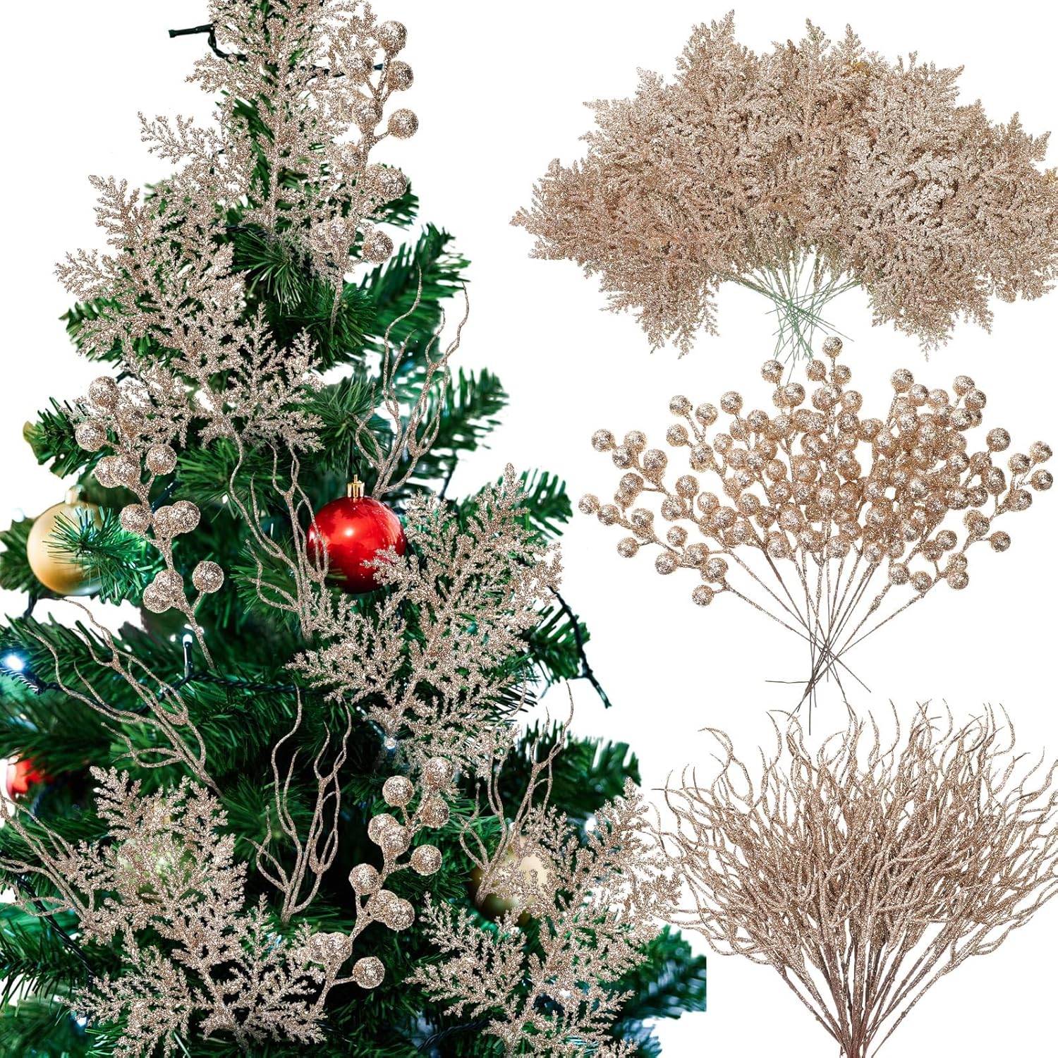 75 Pcs Christmas Glitter Branches 3 Styles Artificial Christmas Picks Berries Stems Pine Needles Floral Twig Spray for Xmas Tree Ornaments DIY Wreath Garland(Champagne Gold)