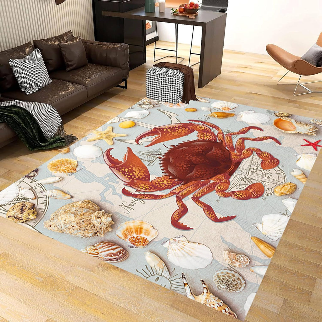 Nautical Theme Area Carpets, 6x8ft, Ocean Crab Shell Floor Rugs, Vintage Compass Anchor Printed Carpets, Machine Washable Foldable Easy-Clean Mats for Dining Room Runners