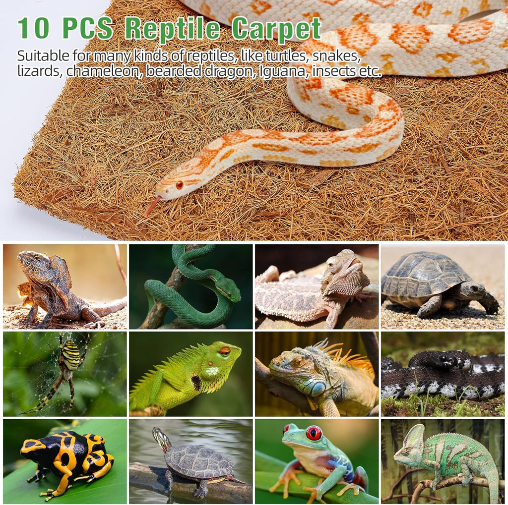 ZeeDix 10 Pcs Reptile Carpet, 12X12 inch Natural Coconut Fiber Liner Mat Flooring Accessories for Reptile Tank - Bearded Dragon Tortoise Lizard Turtle Snake Leopard Gecko Substrate Bedding