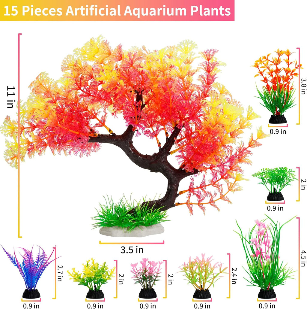 MyLifeUNIT Fish Tank Decorations, 15 Pack Artificial Aquarium Plants Tree Set for Fish Tank Decor (Pink Set)