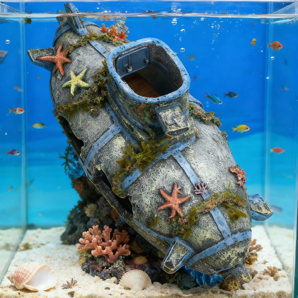 Aquarium Submarine Shipwreck Decor, Realistic Resin Sunken Ship Ornament, Fish Hideout Tank Accessory for Underwater Styling