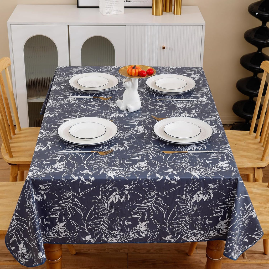 Walrus Heavy Duty Vinyl Tablecloth with Flannel Backing Waterproof Oil-Proof Plastic Table Cloth Stain-Resistant Wipeable Rectangle or Square Table Cover for Indoor and Outdoor (Blue Leaf,60x84 Inch)