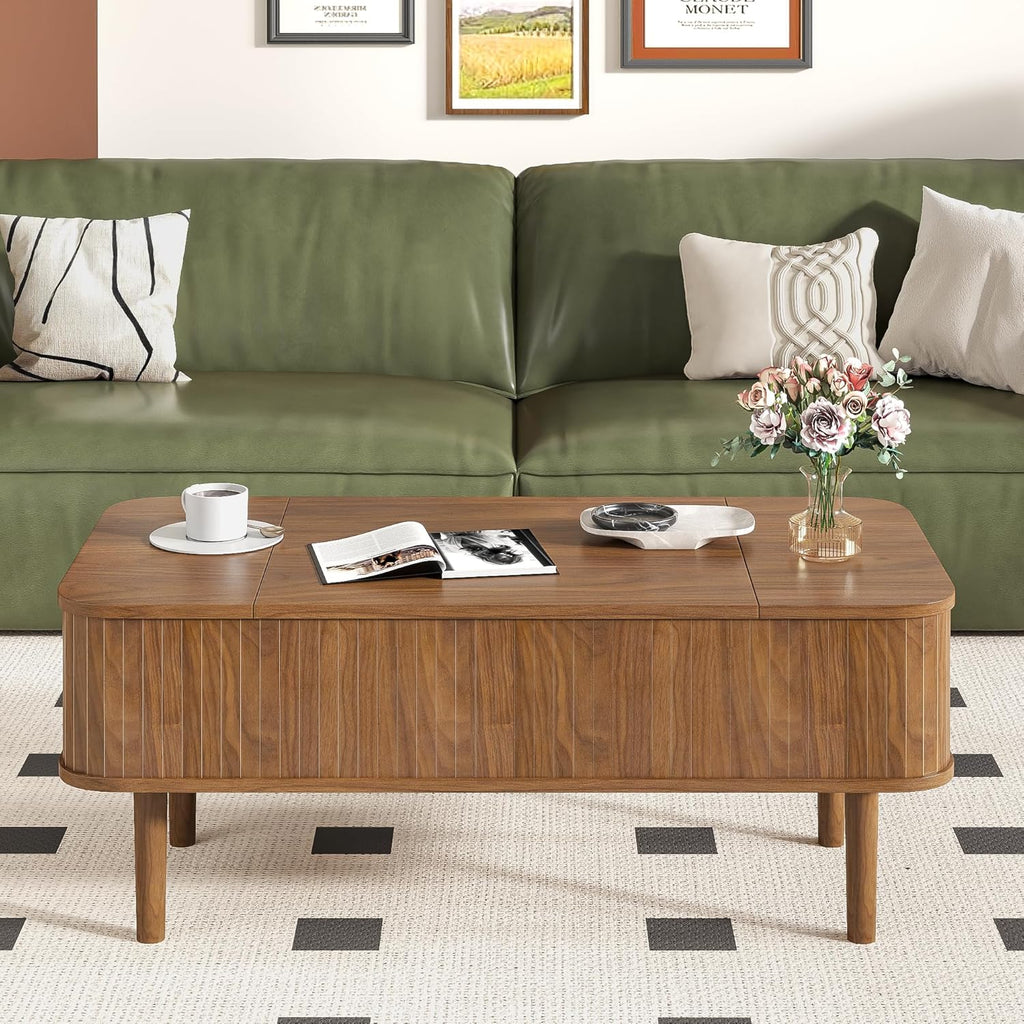 Fluted Lift Top Coffee Table with Storage, Mid Century Modern Coffee Table for Living Room, Home Small Space,39.4" Fluted Center Table (Rectangle-Walnut, 39.4inch)