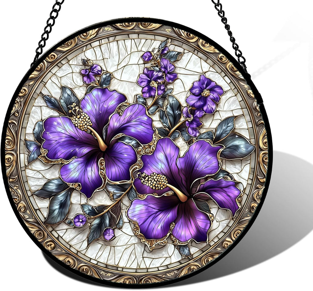 Stained Glass Window Hanging, Purple Flowers Romantic Suncatcher for Doors Home Sun Catchers Decoration and Christmas, Mother's Day Birthday Gifts for Women, Men, and Mom 11.8x11.8 in