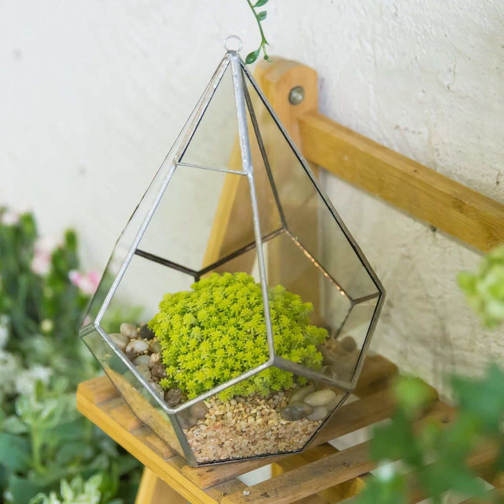 NCYP Silver Hanging Glass Geometric Terrarium, 6.8 x 6.8 x 8.6 Inches Teardrops Shape Display Planter for Succulent Air Plants, Indoor Decor Flower Holder, Handmade (NO Plants)