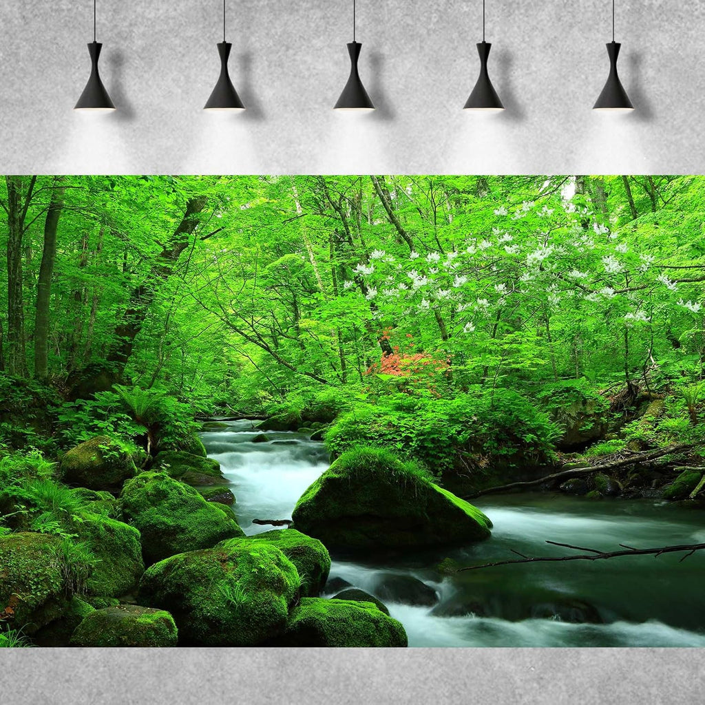 Stream Aquarium Background Jungle Plants Rainforest Fish Tank Background Lush Green Trees Rocks with Moss Terrarium Background Flowing Water Natural Landscape Aquarium Backdrops Vinyl 60x24in