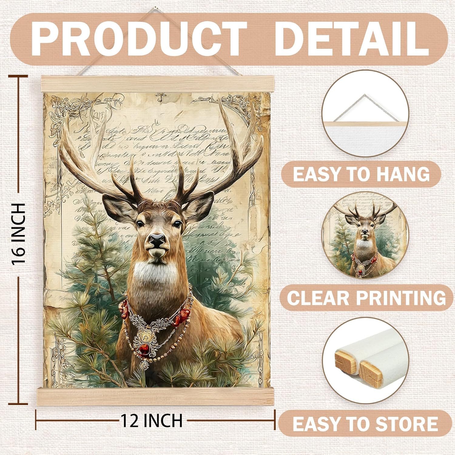 FDHSPAAM Christmas Reindeer Wall Art Decor, Retro Christmas Decor, Vintage Rustic Deer Pine Botanical Winter Holiday Wall Art Posters for Home Bedroom Living Room, 12x16 Inch