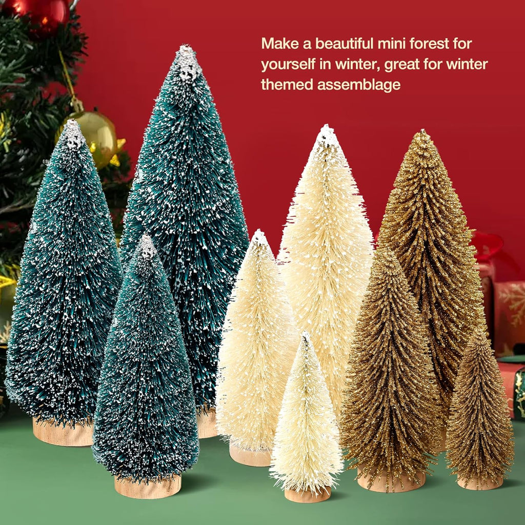 9Pcs Mini Christmas Trees Christmas Decor Artificial Christmas Decorations with 4 Sizes, Christmas Tree Bottle Brush Trees Christmas Table Decorations (Dark Green Golden Beige)