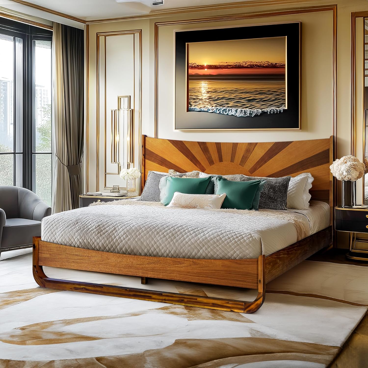 Sunset Solid Acacia Wood King Platform Bed, Tall Headboard, Mid-Century Art Deco Design, No Box Spring Needed, Sturdy Slat Support, Scratch & Water-Resistant, Caramel Finish