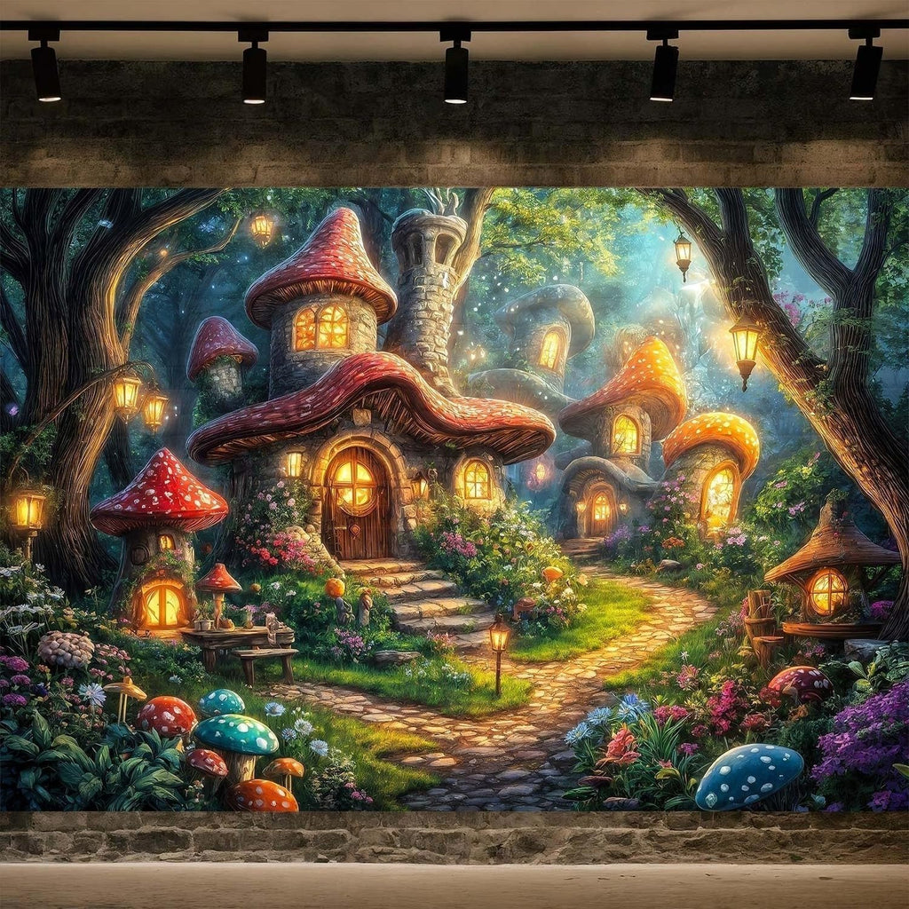 9X6ft Forest Backdrop Fairy Tale Forest Mushroom House Photography Background Magic Garden Woodland Party Decorations Photo Shoot Booth Props