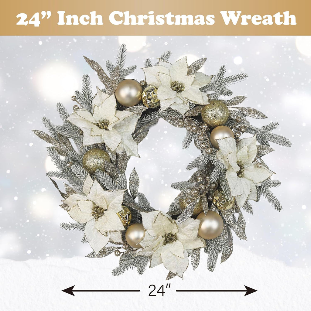 Christmas Wreath Artificial Wreath with White/Silver Balls, Ivory Poinsettias and Gold Leaf for Christmas Holiday Decoration for Home Front Door (Indoor & Outdoor Use)