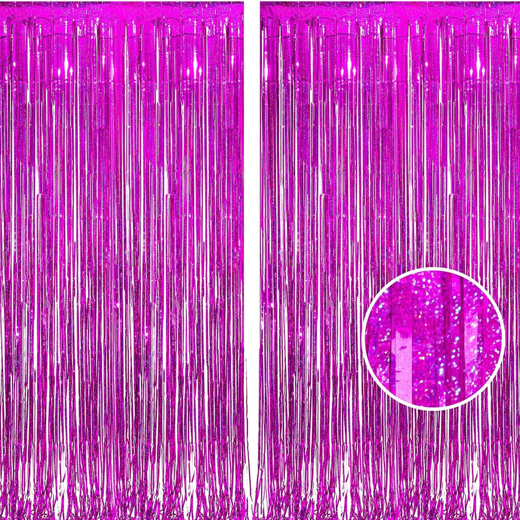 BRAVESHINE Hot Pink Tinsel Foil Fringe Curtains - 2Pcs 3.2x8.2ft Metallic Party Streamers Backdrop for Christmas Girl Birthdays Bridal Shower Bachelorette Engagement Hawaiian Luau Party Decorations