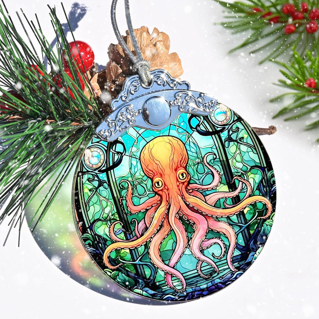 Stained Glass Christmas Ornament, Jocidea Octopus Christmas Decorations, Christmas Tree Ornament, Octopus Lovers Gifts, Holiday Decor and Xmas Gifts Ideas