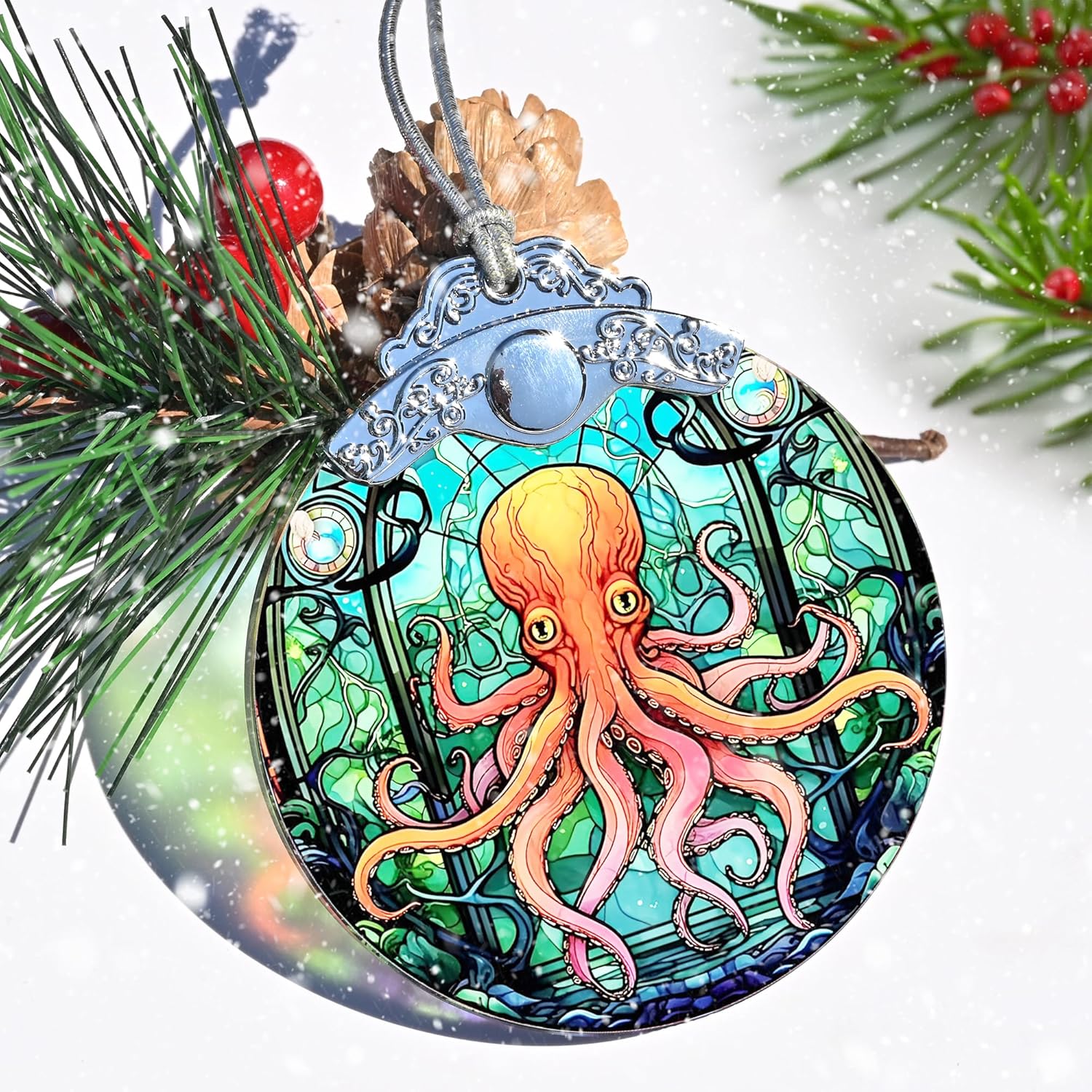 Stained Glass Christmas Ornament, Jocidea Octopus Christmas Decorations, Christmas Tree Ornament, Octopus Lovers Gifts, Holiday Decor and Xmas Gifts Ideas