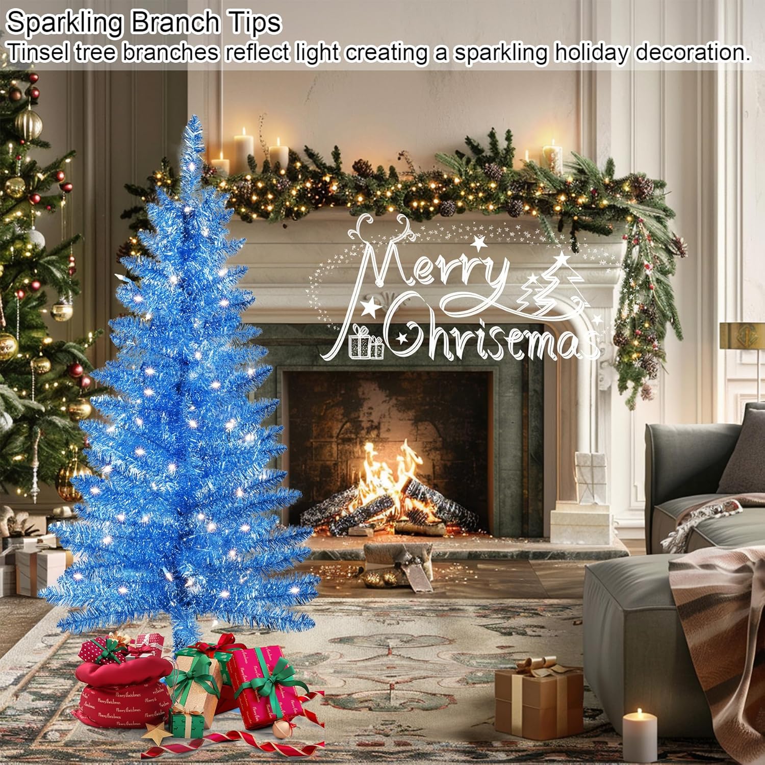 4ft Artificial Full Blue Christmas Tree with Separate Lights, Not Pre-lit Mini Blue Tinsel Pine Christmas Tree, 50 Lights, Small Xmas Tree for Home, Office, Party Decoration, Indoor