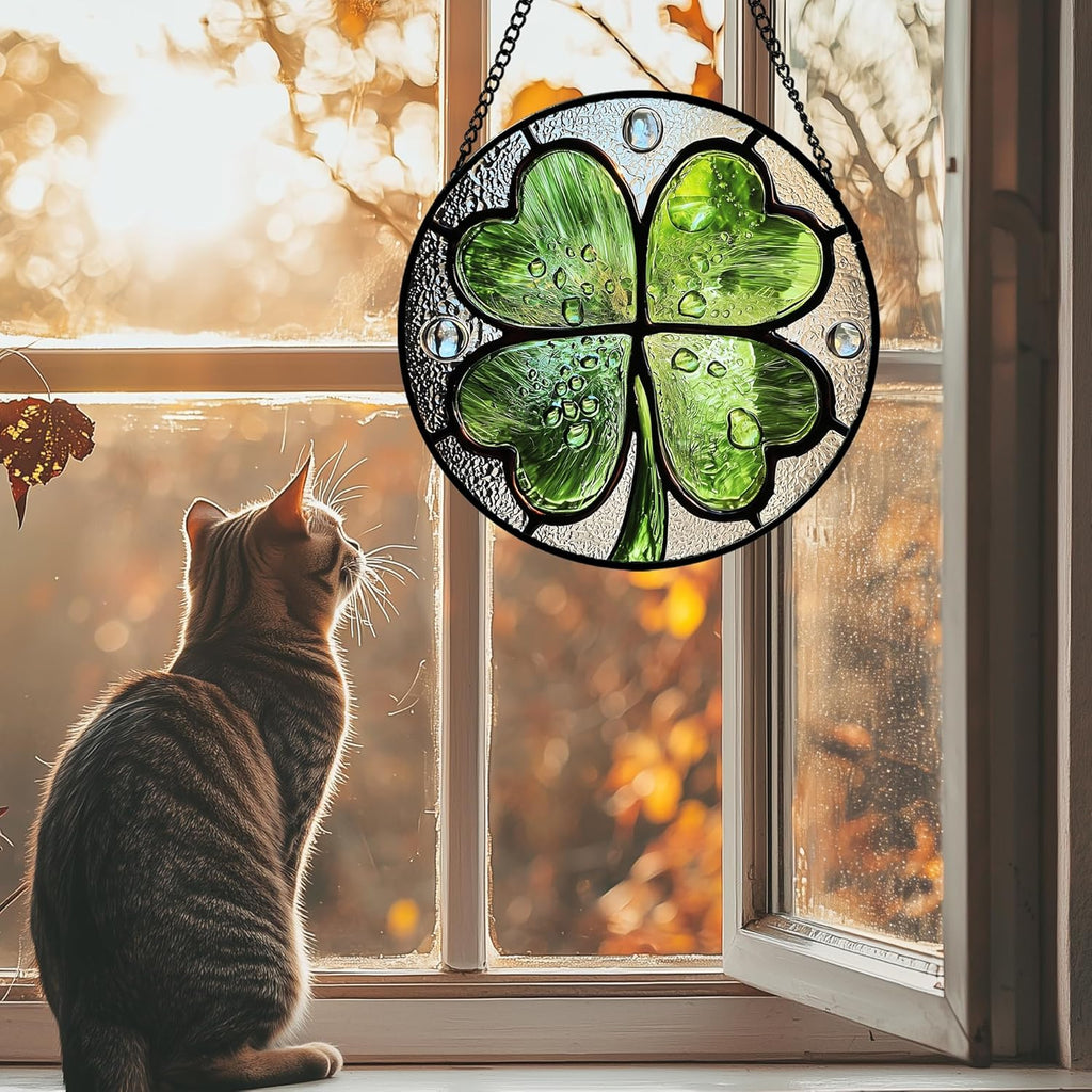 Stained Glass Window Hanging - St. Patrick's Day Green Irish Themed Gifts Sun Catcher Door Home Clover Decor Suncatcher Christmas Mother's Day Birthday Gifts for Women Men Mom Nana 15 in