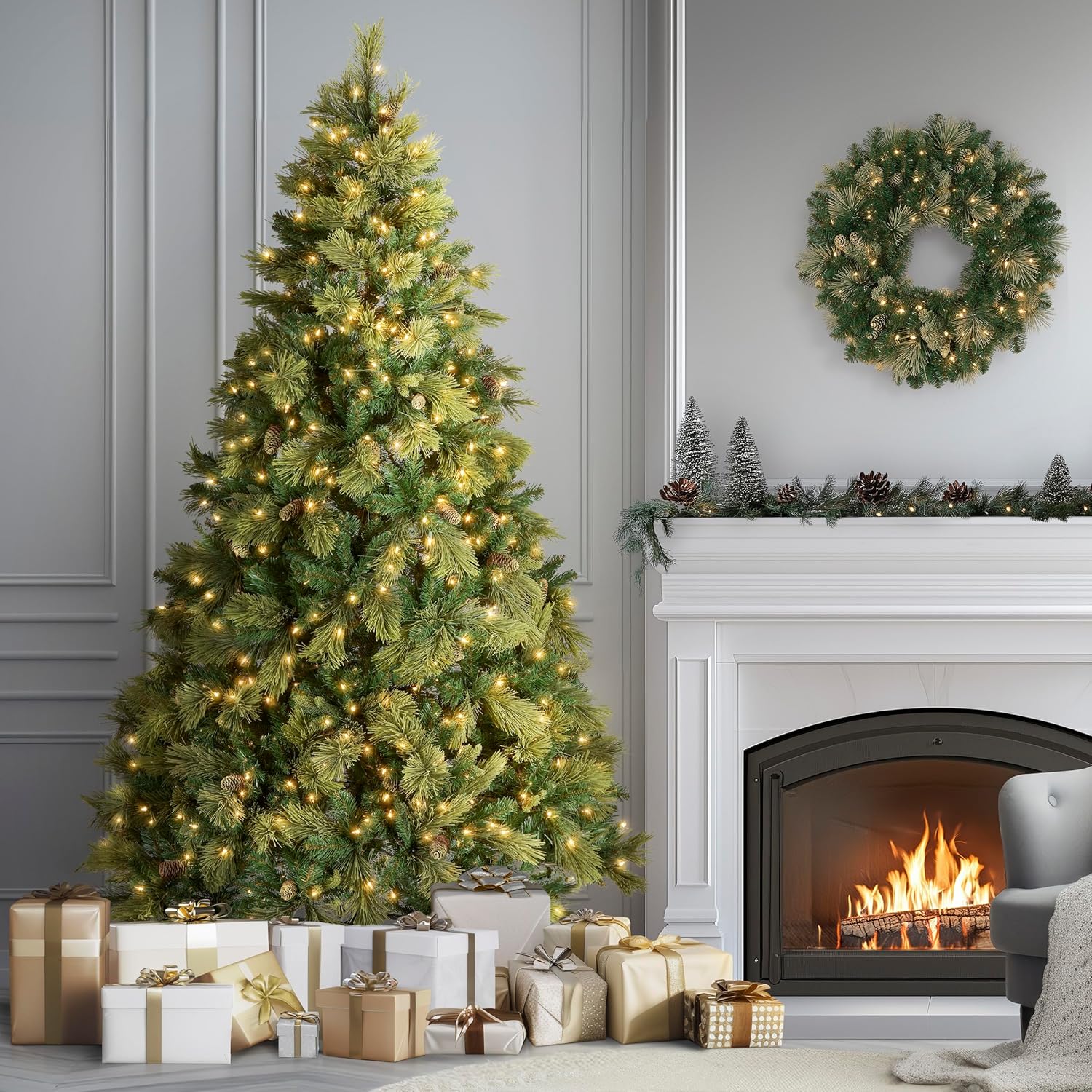 National Tree Company 7.5 ft Pre-Lit Carolina Pine Artificial Christmas Tree, 750 Clear Lights, 1,399 Tips, Includes Stand, Green