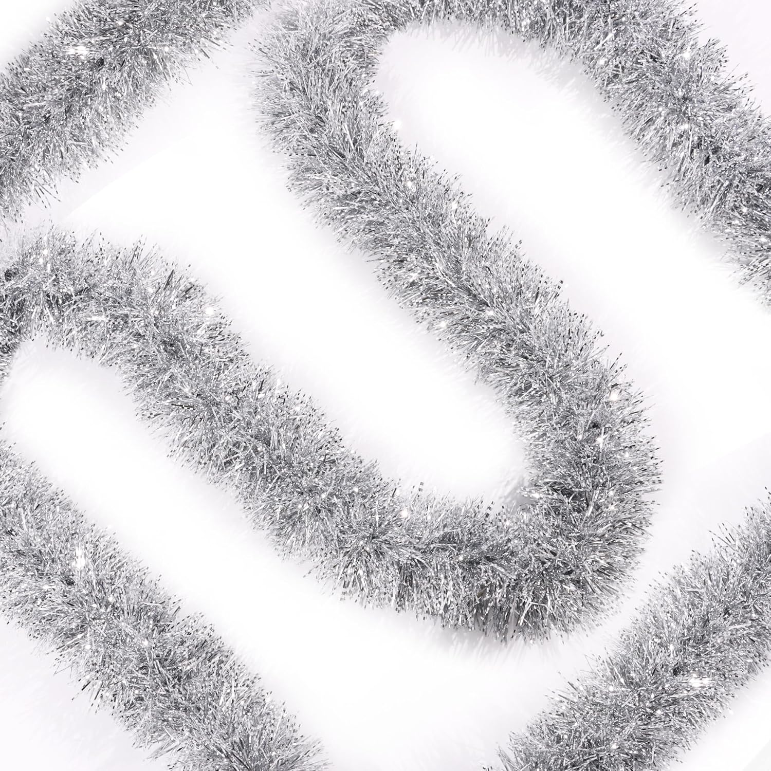 50 Feet Silver White Christmas Tinsel Garland Christmas Decorations, Thick Metallic Twist Shiny Hanging Tinsel Garlands for Xmas Tree Decor Stairs Mantle Fireplace Home Indoor Holiday Party Supplies