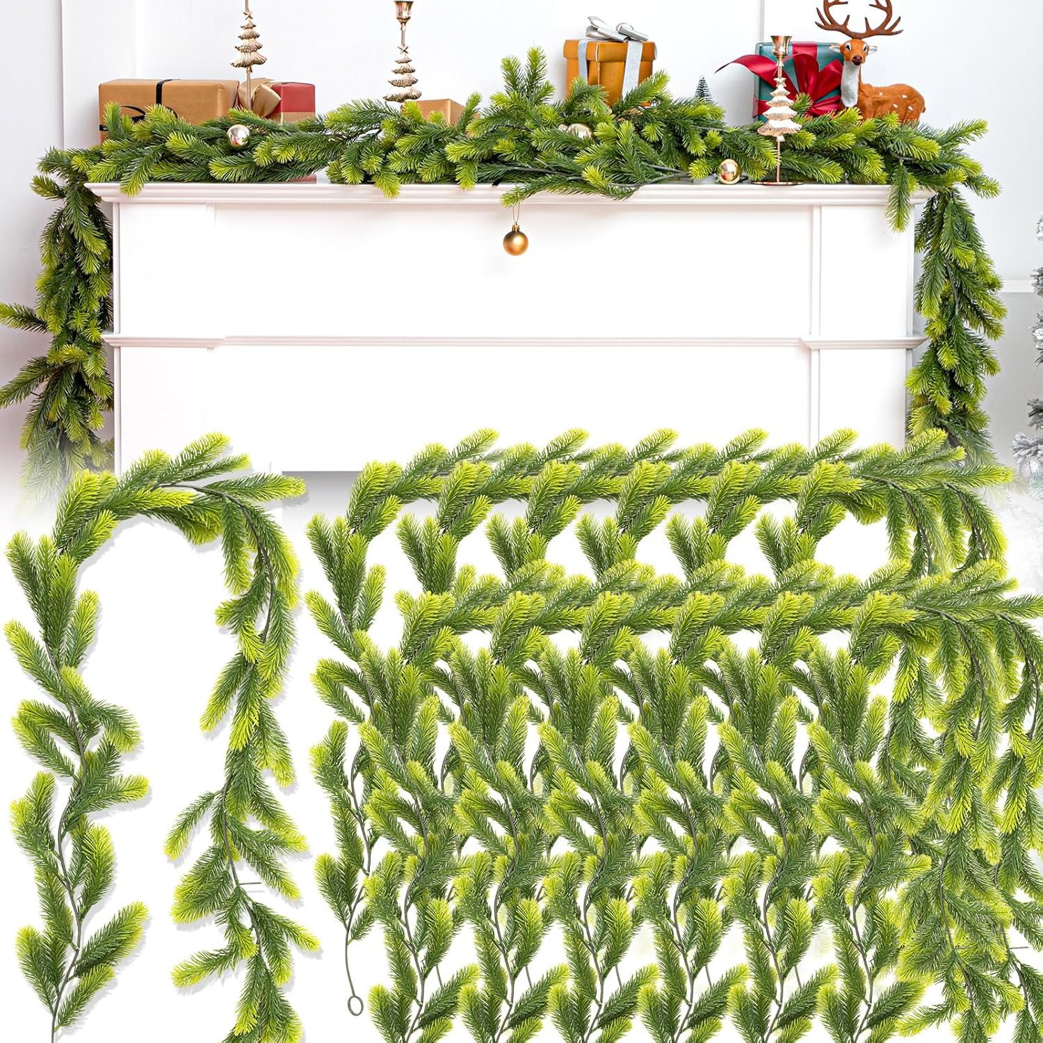 12 Pcs 5.6ft Artificial Christmas Garland Faux Spruce Pine Garlands Realistic Leaves Hanging Greenery Plant for Christmas Table Fireplace Wall Mantle Indoor Xmas Decor