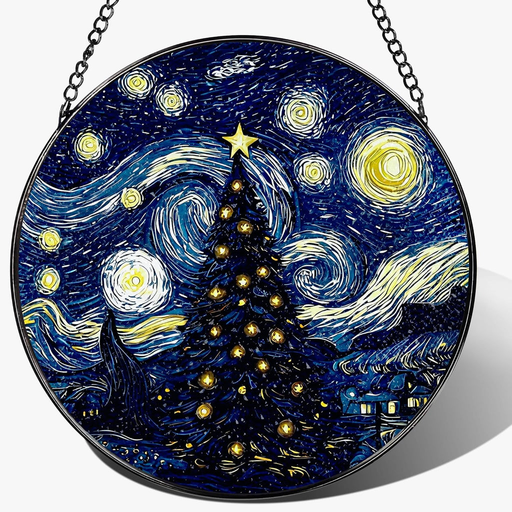 8-Inch Starry Night Christmas Tree Suncatcher Ornament, Stained Glass Window Hanging & Stained Glass Holiday Ornament, Sun Catcher Window Decor, Van Gogh’s Keepsake, Gifts for Christmas & Holidays