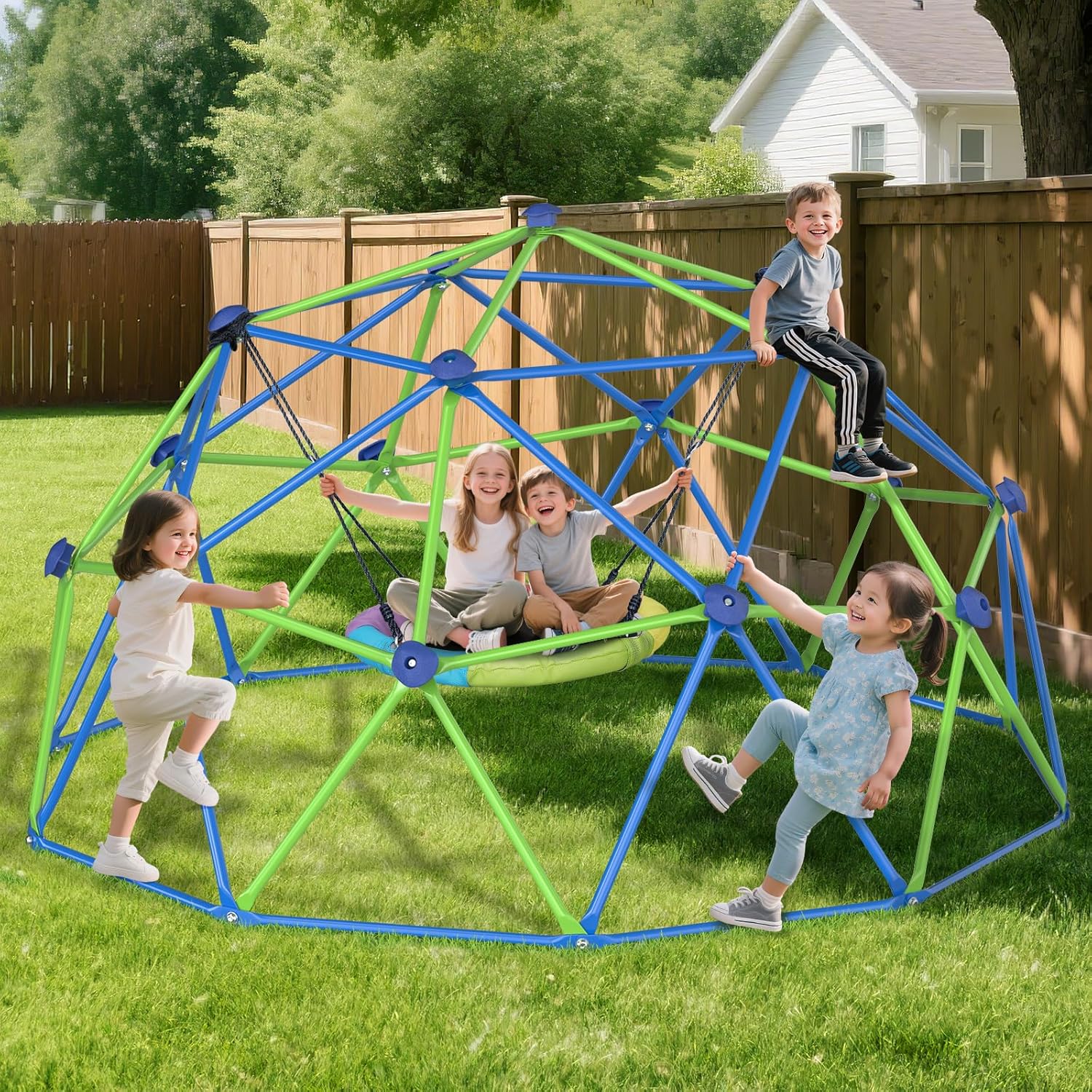 GIKPAL Climbing Dome, 10FT Dome Climber with Canopy Monkey Bars for Kids 3 to 10 Outdoor Play Equipment, Supports up to 1000lbs Jungle Gym, Anti-Rust, Easy Assembly, Gift for Kids - Blue+Green