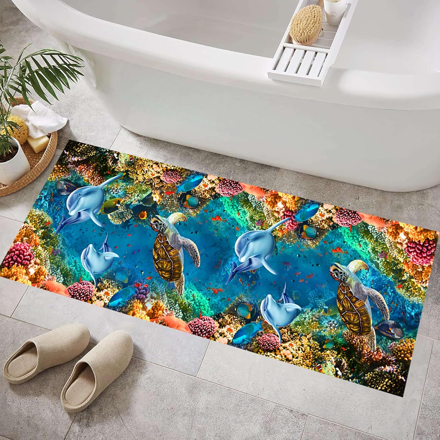 3D Optical Illusion Runner Rug, 2.6x7ft, Sea Dolphin Turtles Underwater World Coral 3D Landscape Hallway Rug, Machine Washable Rugs Carpet for Bathroom Bedroom Laundry Room