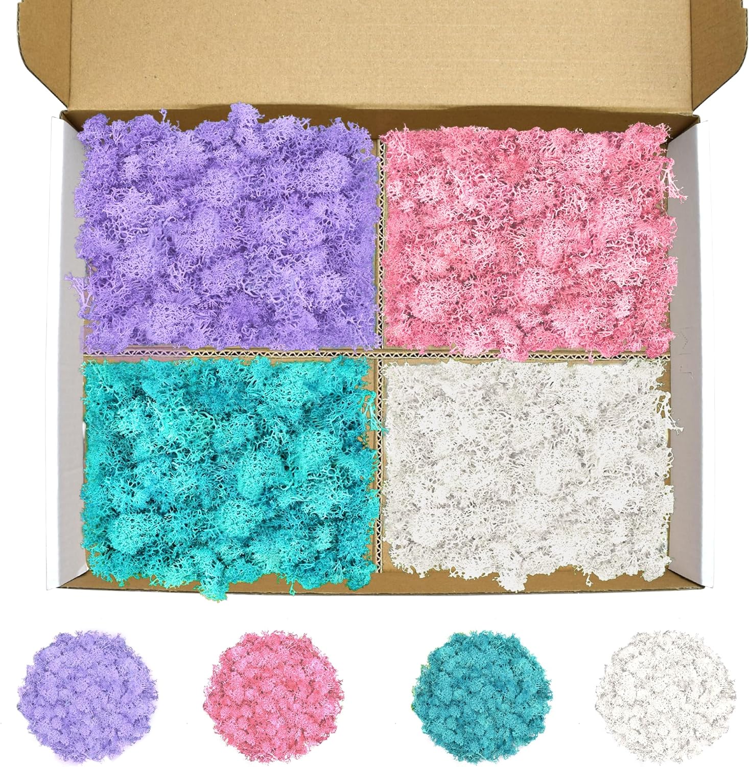 Preserved Reindeer Moss 14 OZ 4 Colors for Crafts, DIY Gift Christmas Decor, Wall Art,Fake Moss for Decor Wedding Decorative(White,Blue,Little Purple and Pink,Each Color 3.5 OZ)