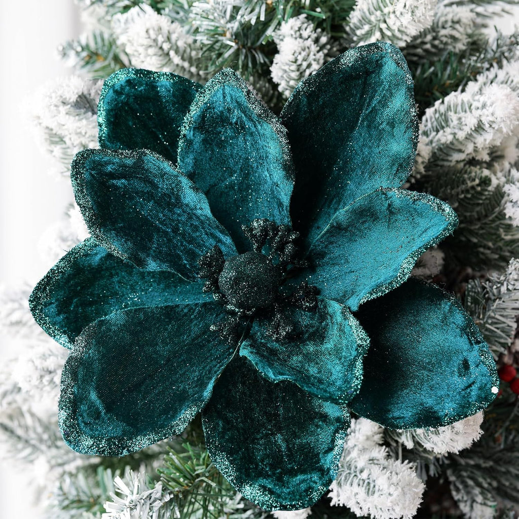 8 Pcs Large Christmas Flower Magnolia Flowers Christmas Tree Decoration Artificial Poinsettia Stems Velvet Xmas Ornaments for Xmas Tree Table Decor(Peacock Green,12 Inch)