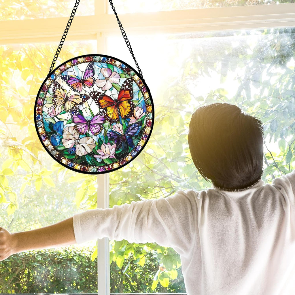 Stained Glass Window Hanging, Colorful Butterfly Suncatcher for Doors Home Sun Catchers Decoration and Christmas, Mother's Day Birthday Gifts for Women, Men, and Mom 11.8x11.8 in