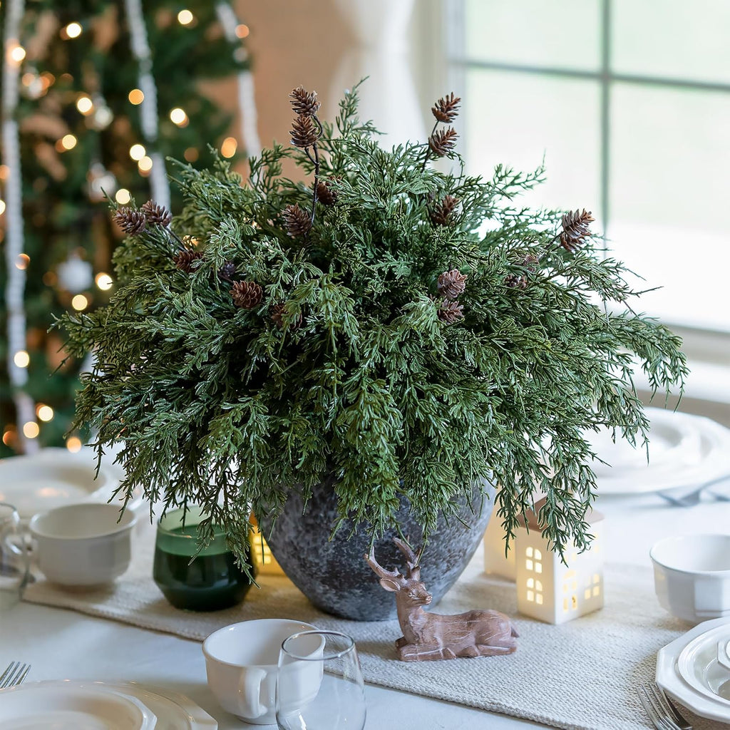 Faux Cedar Stems Artificial Norfolk Pine Branches for Christmas Decor, 12 PCS Fake Pine Stems with 2 PCS Pine Cones Branches Real Touch Realistic Faux Greenery for Vases DIY Garland Xmas Table Indoor