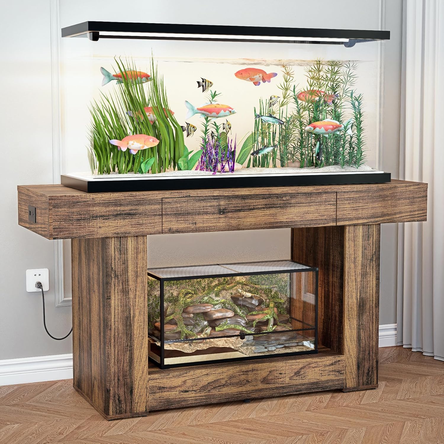55–75 Gallon Aquarium Stand, Heavy Duty Fish Tank Stand for Turtle, Reptile & Amphibians, MDF Board Tabletop with Drawer & Power Outlet, Reinforced Metal Tube Frame for Terrariums,Rustic Brown