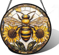 Stained Glass Window Hanging - Bee Sunflower Yellow Suncatcher Ready to Hang Window Doors Home Decoration and Christmas, Mother's Day Birthday Gifts for Women, Men, and Mom 7.8x7.8 in