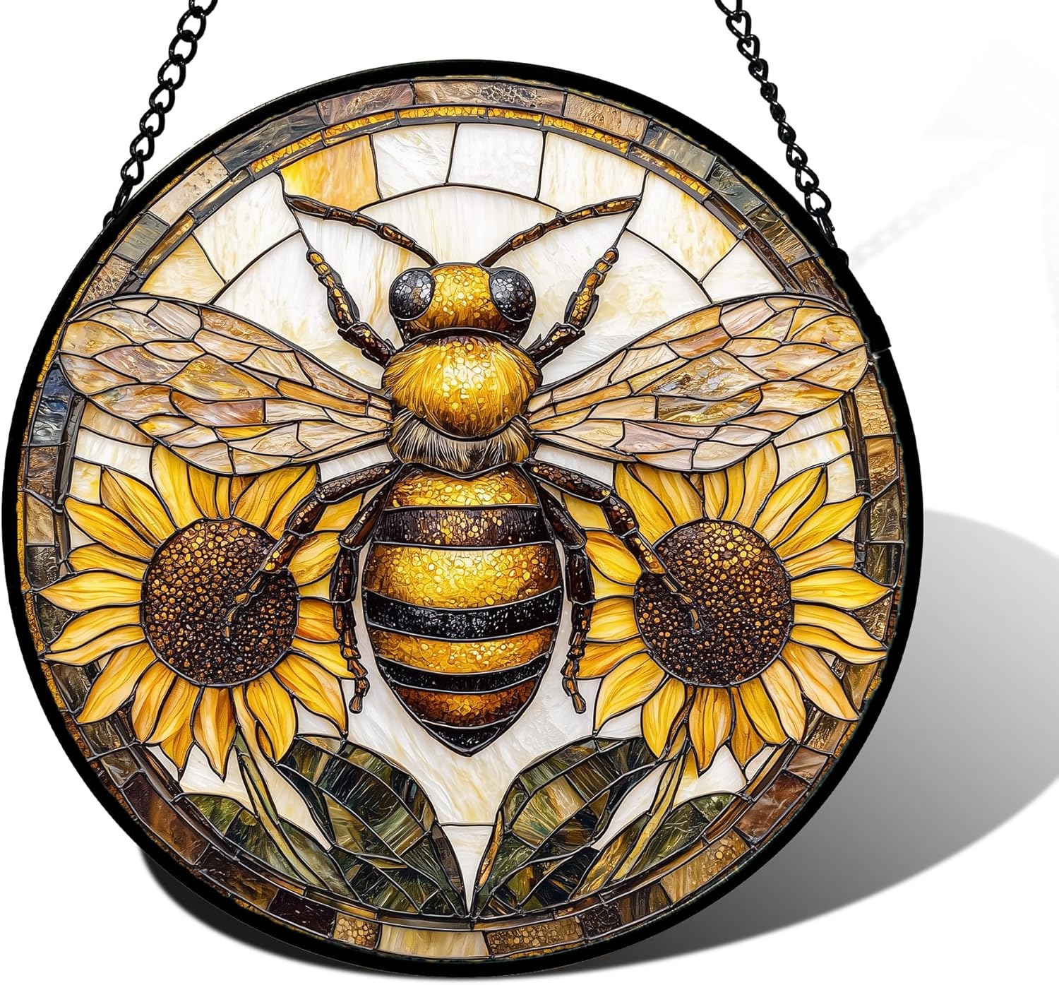 Stained Glass Window Hanging - Bee Sunflower Yellow Suncatcher Ready to Hang Window Doors Home Decoration and Christmas, Mother's Day Birthday Gifts for Women, Men, and Mom 7.8x7.8 in