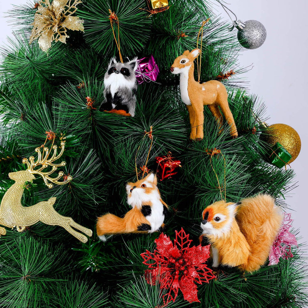 Gejoy 4 Pieces Woodland Animal Christmas Ornaments Furry Fur Plush Animal Forest Animal Tree Hanging Ornament Holiday Animal Christmas Tree Decoration for Christmas Supplies