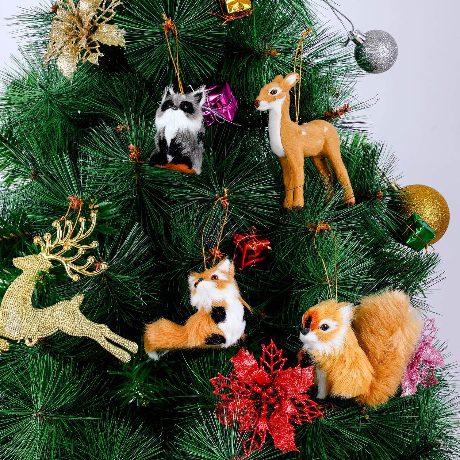 Gejoy 4 Pieces Woodland Animal Christmas Ornaments Furry Fur Plush Animal Forest Animal Tree Hanging Ornament Holiday Animal Christmas Tree Decoration for Christmas Supplies