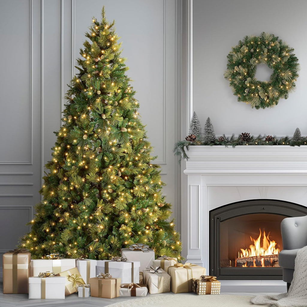 National Tree Company 9 ft Pre-Lit Carolina Pine Full Artificial Christmas Tree, 900 Clear Lights, 2,347 Tips, Includes Stand, Green