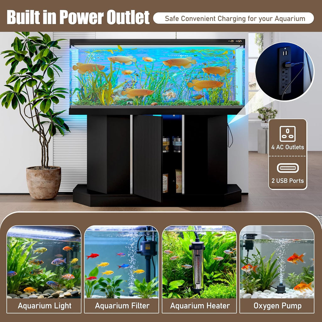 Heavy-Duty 55-75 Gallon Aquarium Stand with Power Outlets (4 AC & 2 USB), Cabinet Storage, 880 lbs Capacity, Black