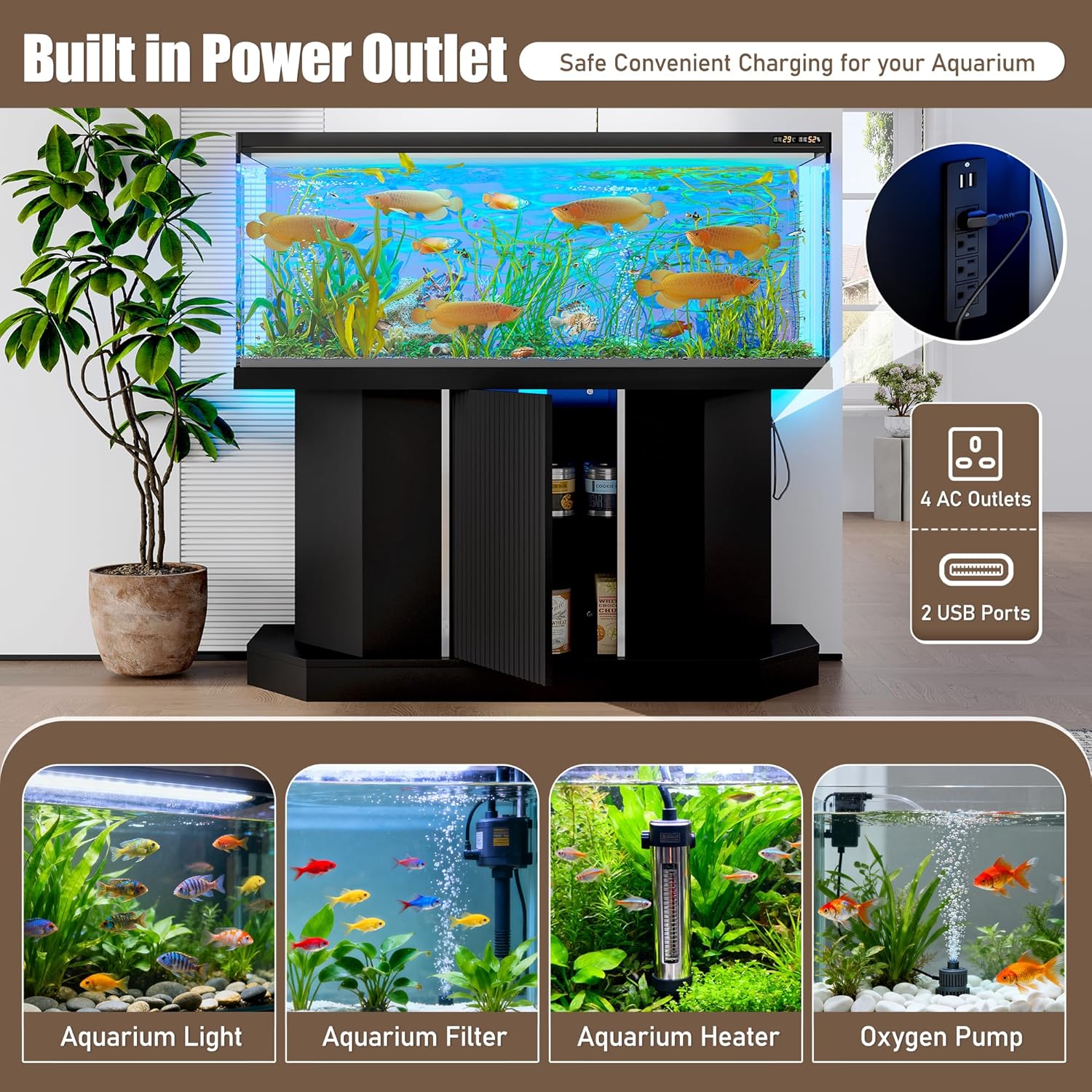 55-75 Gallon Fish Tank Stand with Power Outlet (4 AC 2 USB Ports), Modern Heavy Duty Aquarium Stand with Cabinet Storage for Fish Tank, Turtle Tank, Reptile Terrarium, 880LBS Capacity, Black
