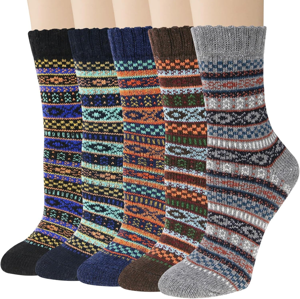 Justay 5 Pairs Wool Socks for Women - Winter Thick Boot Cozy Crew Vintage Soft Calf Knit Warm Socks Gifts