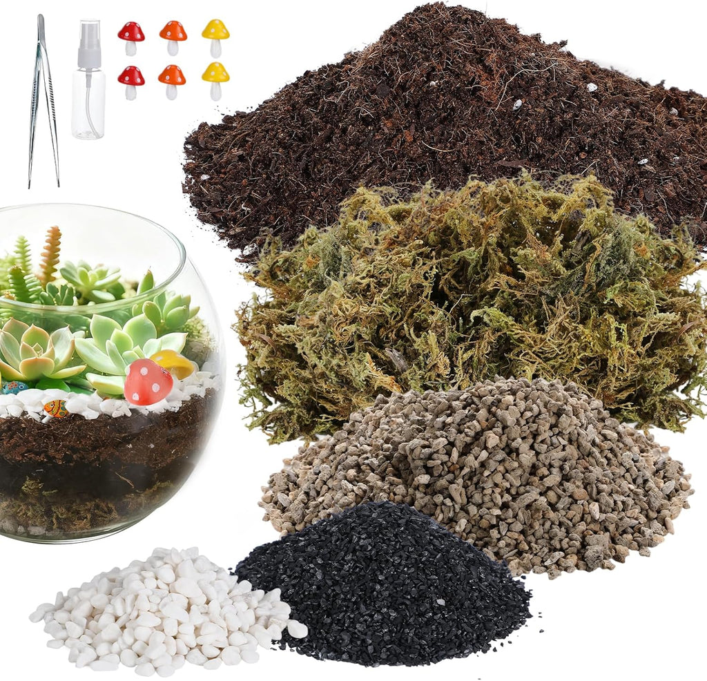 Terrarium Kit Adults - Includes Pumice, Moss, Soil, Pebbles, Charcoal, 2 Tools, Mushroom Ornaments for Succulent Cactus, Christmas Terrarium Accessories Decor Gifts for Starter Women