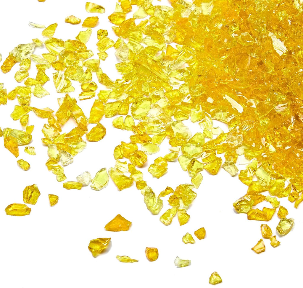 TWINKLING High Luster Fire Glass Gravel Stone Glitter,Broken Glass,Fire Gems Chips,Crushed Glass for Fire Pit Crafts Resin Art Aquarium Garden Decoration,3-6mm,1-Pound Jar (Yellow)