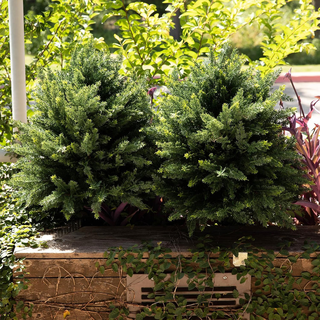 DRAY 16" Diameter Artificial Cypress Topiary – Set of 2 Faux Plants with Ground Spikes – UV-Resistant, Realistic Outdoor & Indoor Greenery – Weatherproof Garden Landscaping Décor