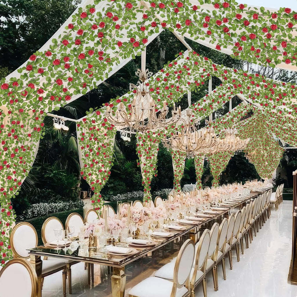 Artificial Roses Vines Flowers Garland Hanging Silk Rose Vine Floral Garland Red UV Resistant Realistic Faux Hanging Flowers Plants Fake Ivy Vines for Outdoor Porch Outside Decor Patio Yard