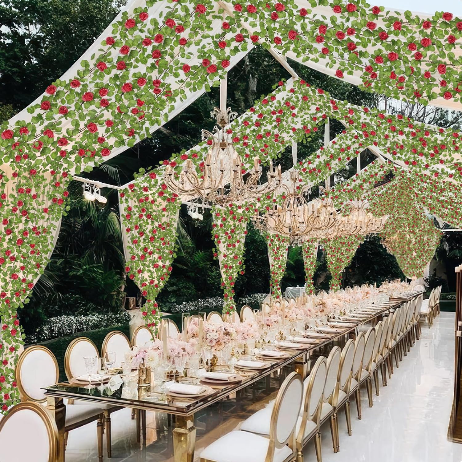 Artificial Roses Vines Flowers Garland Hanging Silk Rose Vine Floral Garland Red UV Resistant Realistic Faux Hanging Flowers Plants Fake Ivy Vines for Outdoor Porch Outside Decor Patio Yard