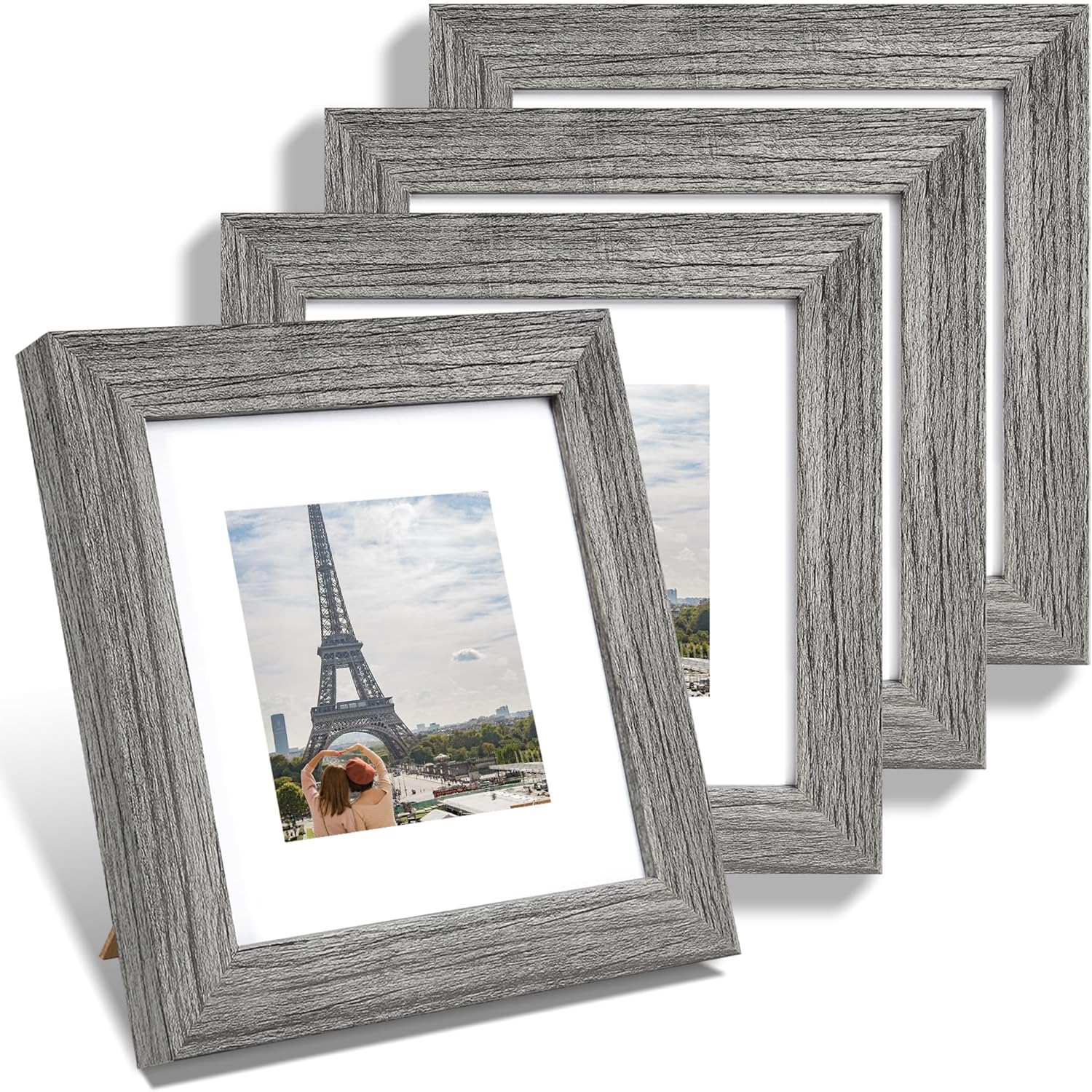 6x6 Picture Frame Set of 4, Made of Glass and Grey Wooden Frame - Display Picture 4x4 with Mat or 6 x 6 Without Mat, 6x6 Photo for Wall or Tabletop