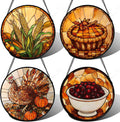 Stained Glass Window Hanging 4 Pcs Set Brown Turkey Berry Corn 7.8" - Suncatcher Door Garden Sun Catcher Decor Birthday Thanksgiving Mother's Day for Mom Woman Nana Men