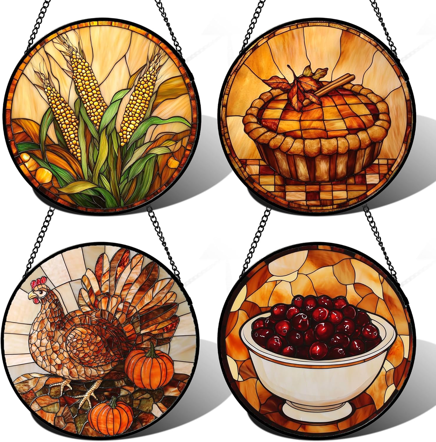 Stained Glass Window Hanging 4 Pcs Set Brown Turkey Berry Corn 9.8" - Suncatcher Door Garden Sun Catcher Decor Birthday Thanksgiving Mother's Day for Mom Woman Nana Men